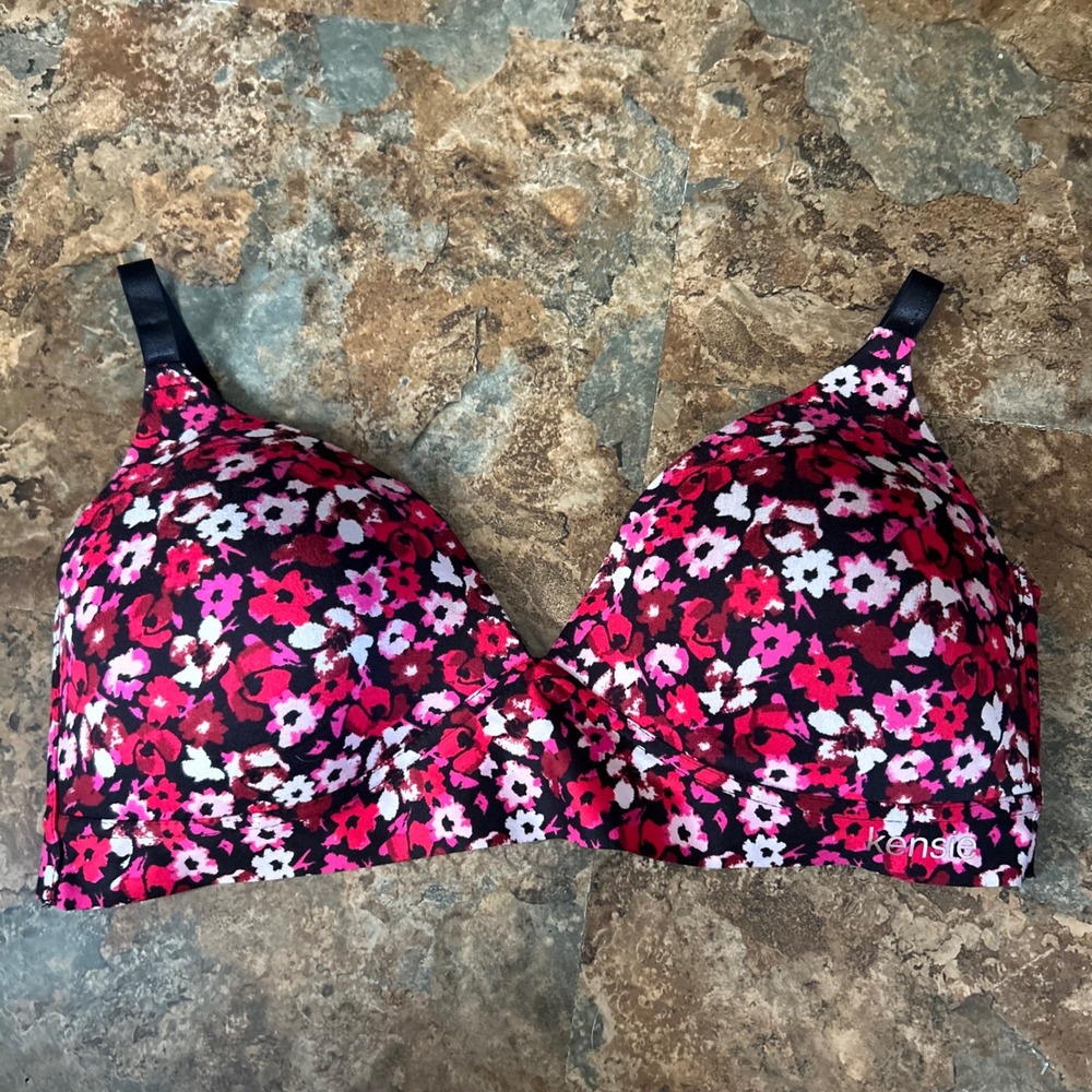 Kensie Wireless Lightly Lined Bra Womens Size 38DD Red Floral Wirefree